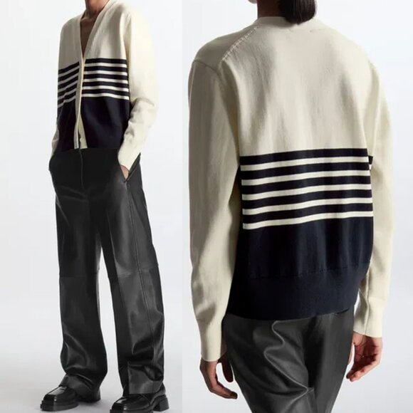 COS Striped Cardigan 100% Cotton V Neck Cream Black Relaxed Fit Size S Preppy - Picture 2 of 16